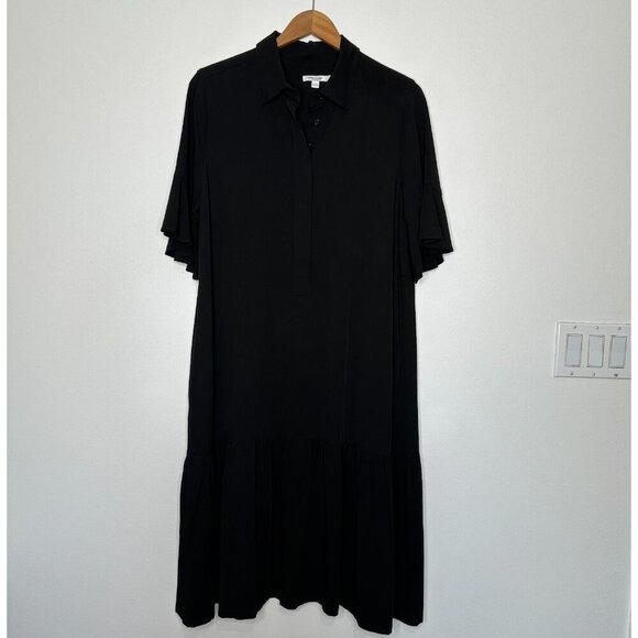 Chicos Flounce Sleeve Midi Dress Size L Black Button up - Picture 1 of 9